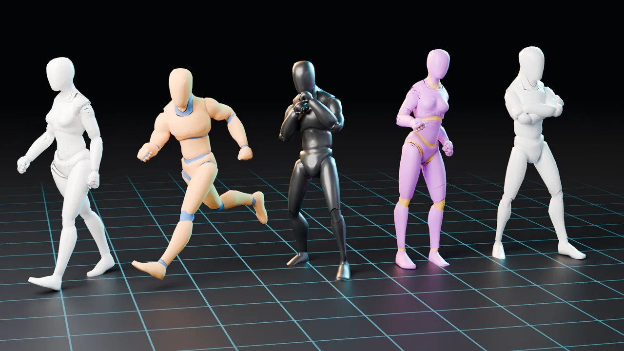 Mannequins in five different clips